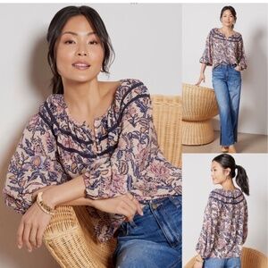 Evereve Women’s Medium Beige Floral Oliver Blouse Shirt Top Size M